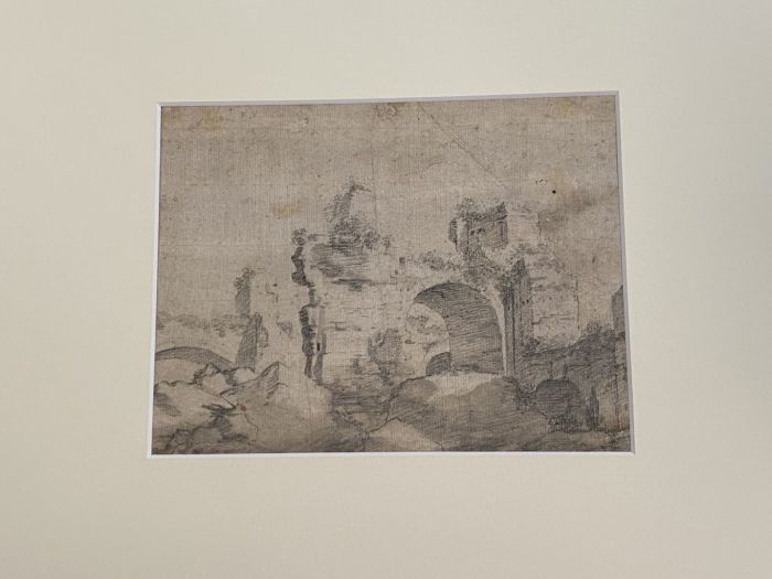 "Roman Ruins"  is an original pencil drawing on ivory-colorated cardboard by Anonymous Artist of XVIII Century.