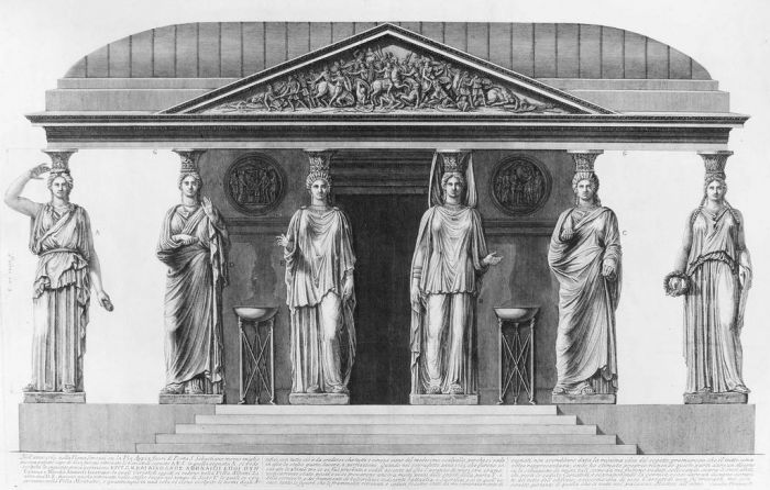 G.B.Piranesi, Group of Caryatids with the dedication to Henry Hope, 1778.G.B. Piranesi, Francesco, cariatidi, Artworks, etching, engraving, Old Master, Goya, rembrant, Roman Antiquity, Neoclassicism, forniture, plate, 