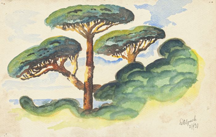 "Seascape with ships" is an original drawing in watercolor on paper, realized by Jean Delpech (1916-1988), in 1937. 