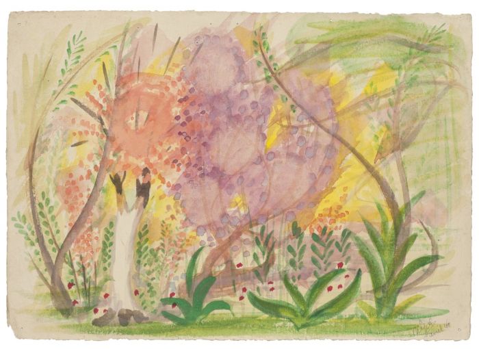 "Les Lignes Austères" is an original drawing in watercolor on paper, realized by Jean Delpech (1916-1988).  (FRONT OF THE DRAWING)