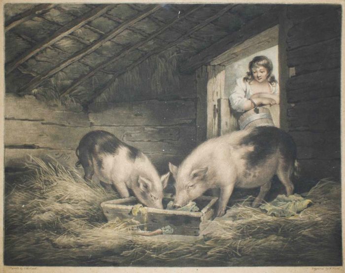 Girl and Pigs by G. Morland, W. Ward - Old Masters Artwork