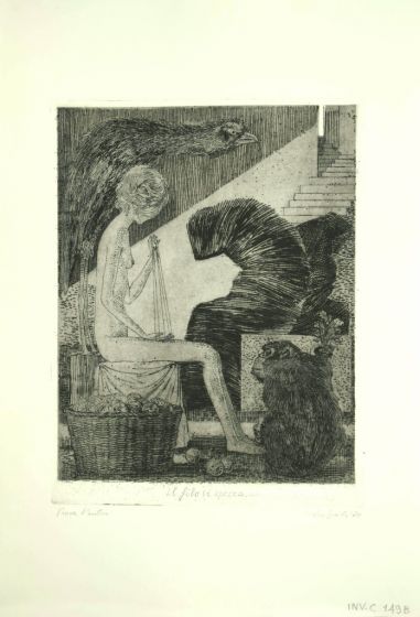 Il Filo Si Spezza is an original black and white etching realized  by Leo Guida.