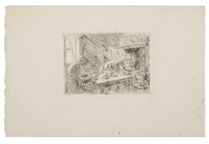 "Familar Scene" is an original print in etching technique on ivory-colored cardboard , by Maurice Asselin.