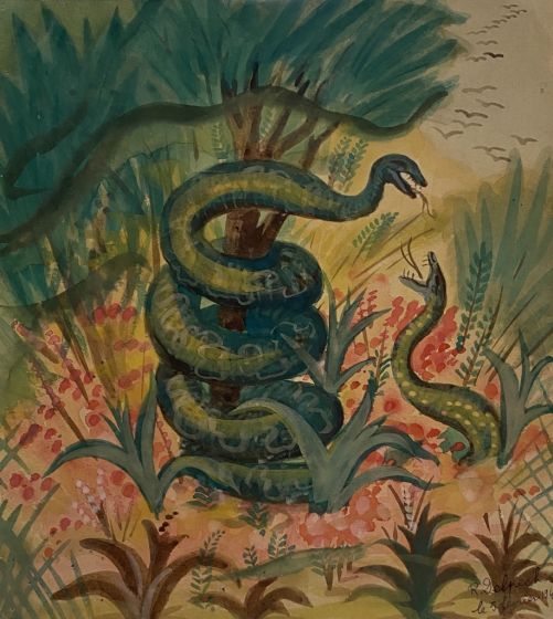"Snakes in the forest" is an original drawing in watercolor on paper, realized by Jean Delpech (1916-1988). 