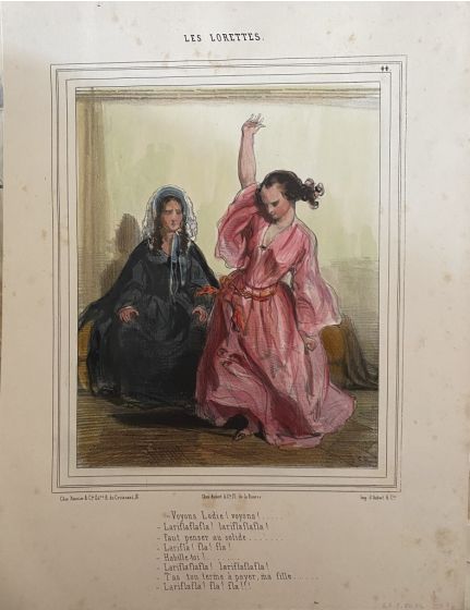 "Les Lorettes"  is an original hand-watercolored lithograph on ivory-colorated paper by Anonymous Artist of XX Century.