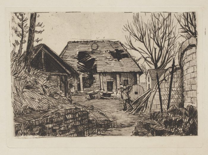 "Country Cottage" 1920's is an original drawing in etching, realized by an Anonymous French Artist of the XX Century 