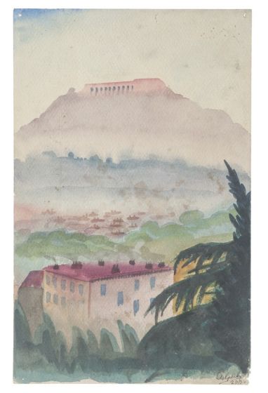 "Landscape" is an original drawing in tempera and watercolor on paper, realized by Jean Delpech (1916-1988