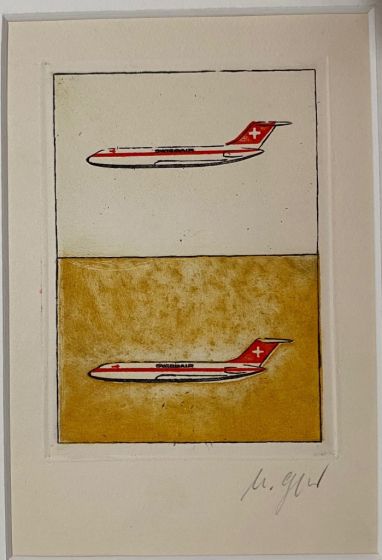 Swissair is an original drawing in etching technique on paper, realized by Anonymous Artist of the 20th Century.