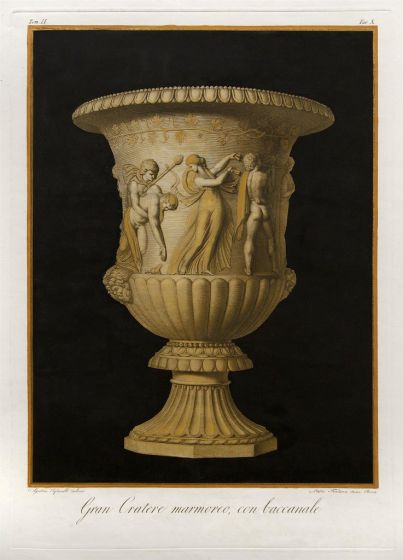 A. Tofanelli, P. Fontana, Gran Cratere marmoreo, con baccanale, Hand-Watercolored Etching, 1821, Rome. 
