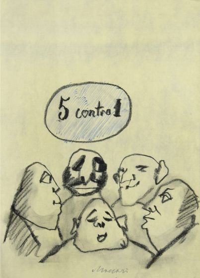 5 Contro 1 is an original modern artwork realized the 1980s by the Italian artist Mino Maccari (Siena, 1898 - Rome, 1989).
