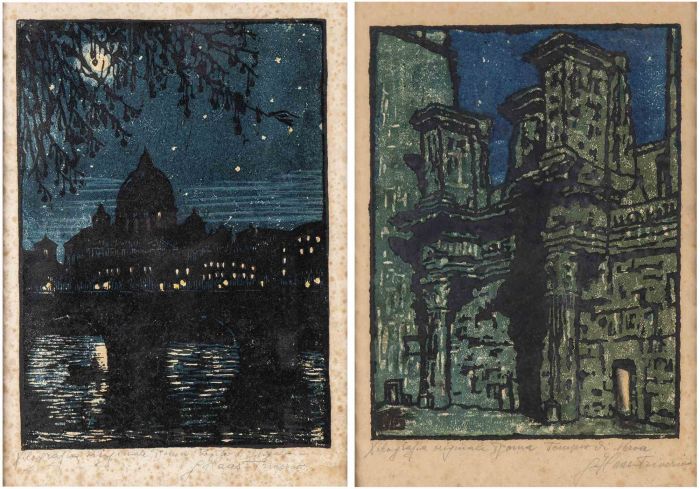 "Rome from bridge Sant'Angelo" and "Temple of Nerva"