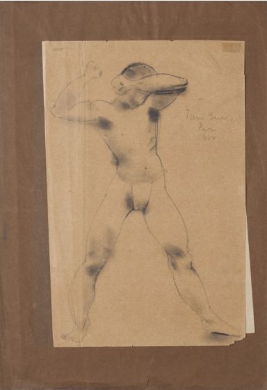 "Wrestler" 1930s is an original pencil drawing on ivory-colorated paper, glued on cardboard, by Anonymous Artist of XX Century.