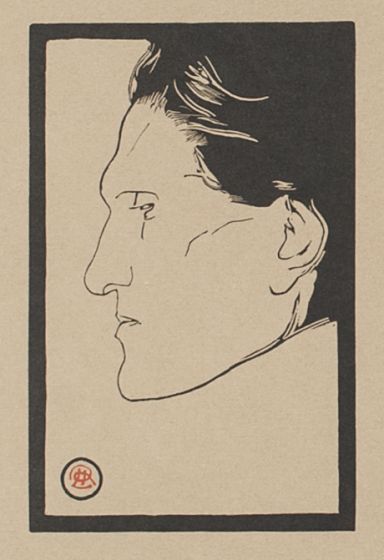 "Portrait of Stefan George" is an original xilograph on brown-colored paper, realized by Reinhold Lepsius (1857-1922).