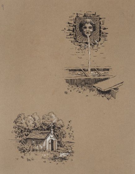 "Studies" 1880s  is an original china ink drawing on brown-colorated paper by Anonymous Artist of XIX Century.