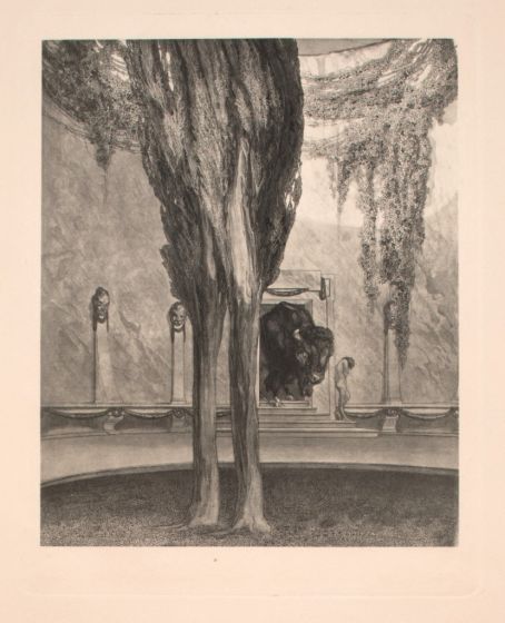 "Minotauros"  is an original Black and white héliogravure on cream-colored cardboard realized by Choisy Le Conin, pseudonym of Franz Von Bayros (Agram, 1866 – Vienna, 1924).