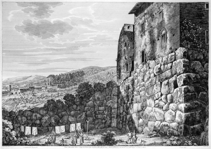 Luigi Rossini, Avanzi delle grandi Mura Ciclopee da Vitruvio opus incertum, nella città di Cora. Rome, 1826, Luigi Rossini, Tivoli, Rome, Architecture, Ruins, Landscape, Roman, Villa, Palace, Neoclassicism, Old Masters, Artworks, Etchings, Engraves, Arche