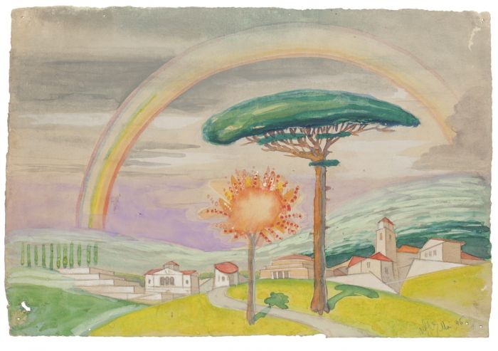 "Landscape" is an original drawing in watercolor on paper, realized by Jean Delpech (1916-1988).