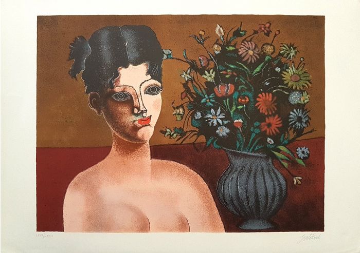Contemporary art, Artwork, Print, Lithograph, Franco Gentilini,Ragazza con vaso di fiori