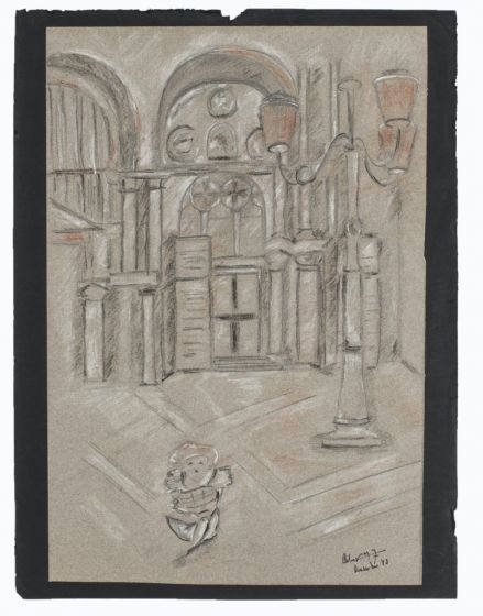 "Church" 1943s is an original pencil and pastels drawing on ivory-colorated paper, glued on cardboard, by Anonymous Artist of XX Century.