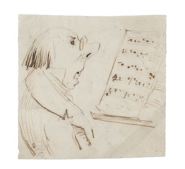 "Music Teacher"  is an original black China ink drawing on ivory-colored paper,  by Anonymous Artist of XX Century.