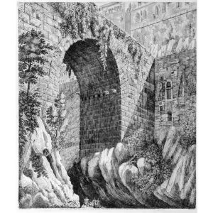 Luigi Rossini, Veduta dell'antico ponte situato fuori di Porta Romana nella Citta di Cora. Roma, 1825, Luigi Rossini, Tivoli, Rome, Architecture, Ruins, Landscape, Roman, Villa, Palace, Neoclassicism, Old Masters, Artworks, Etchings, Engraves, Archeology,