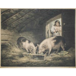 Girl and Pigs by G. Morland, W. Ward - Old Masters Artwork