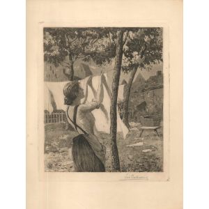 Woman Hanging Laundry by Léon Desbuissons - Modern Artwork