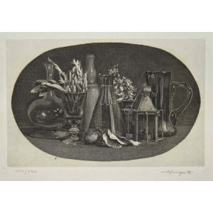 Still Life is an original print in etching technique on cardboard, signed by Vairo Mongatti, in 1980s.