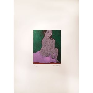 Domenico Cantatore, Donna seduta ( Woman sitting), Etching and Colored Aquatint, 1960, Modern Art, Modern Artwork
