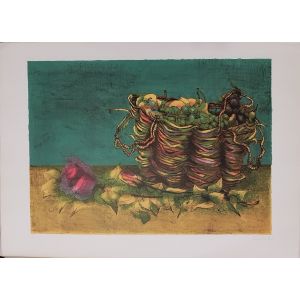 Still life with a fruit basket and roses