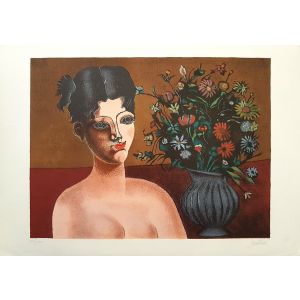 Contemporary art, Artwork, Print, Lithograph, Franco Gentilini,Ragazza con vaso di fiori