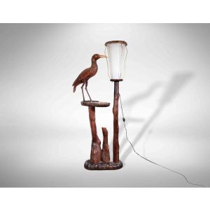 Vintage Wooden Lamp with Bird