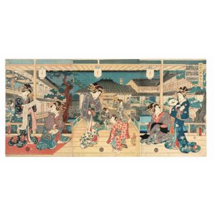 Bijin and Children on a Porch with Lanterns