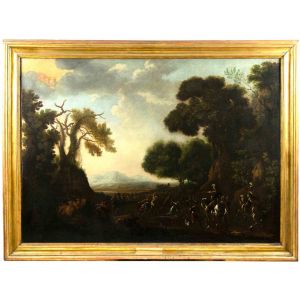 Landscape with Martyrdom of Saint Stephen - Attr. Vincent Adriaenssen called il Manciola - Old Masters Painting
