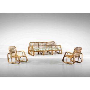  Bamboo and Fabric Sofa with Pair of Armchairs