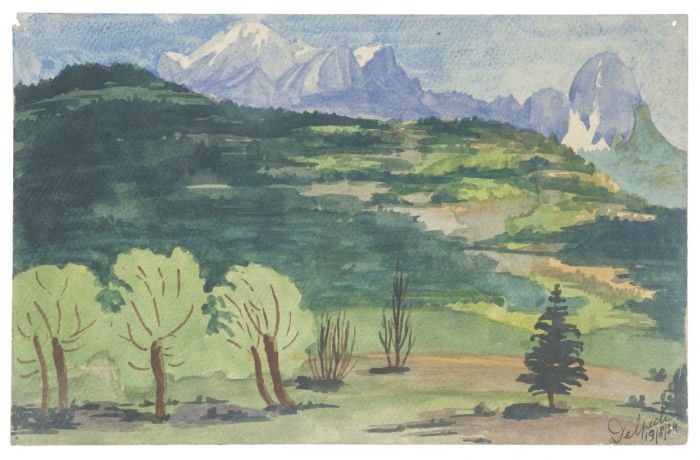 "Landscape" is an original drawing in watercolor on paper, realized by Jean Delpech (1916-1988). 