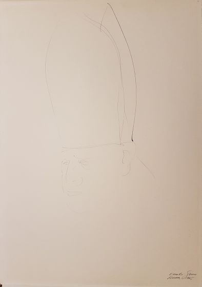 Emilio Greco, Ritratto di Giovanni XXIII, Giovanni XXIII's Portrait, Black China ink Drawing, Modern Art, Artwork, Graphic Art,