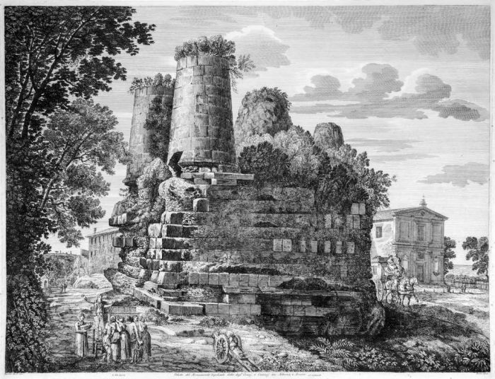 Luigi Rossini, Veduta del Monumento Sepolcrale detto degl'Orazj, e Curazj tra Albano, e Aricia. Roma, 1825, Luigi Rossini, Tivoli, Rome, Architecture, Ruins, Landscape, Roman, Villa, Palace, Neoclassicism, Old Masters, Artworks, Etchings, Engraves, Archeo