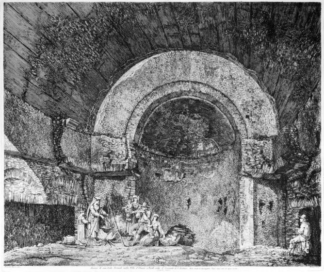 Luigi Rossini, Avanzi di una Sala Termale nella Villa d'Orazio a Tivoli, sotto il convento di s. antonio. Roma, 1824, Luigi Rossini, Tivoli, Rome, Architecture, Ruins, Landscape, Roman, Villa, Palace, Neoclassicism, Old Masters, Artworks, Etchings, Engrav