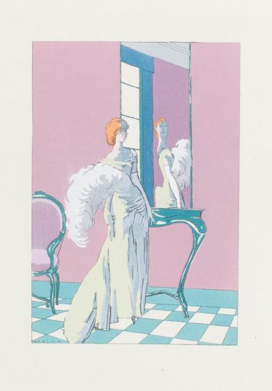 Ready to dance is an original print in pouchoir tecnique on ivory-colored paper glued on cardboard, realized by Anonymous Artist of the 20th Century, in 1920.