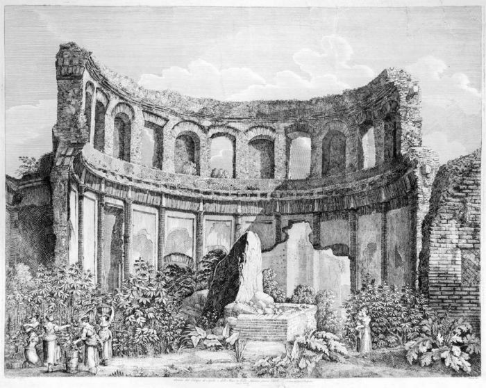 Luigi Rossini, Avanzi del Tempio di Apollo e delle Muse in Villa Adriana presso Tivoli, Roma, 1825.L. Rossini, Tivoli, Rome, Architecture, Ruins, Landscape, Roman, Villa, Palace, Neoclassicism, Old Masters, Artworks, Etchings, Engraves, Archeology, Monume