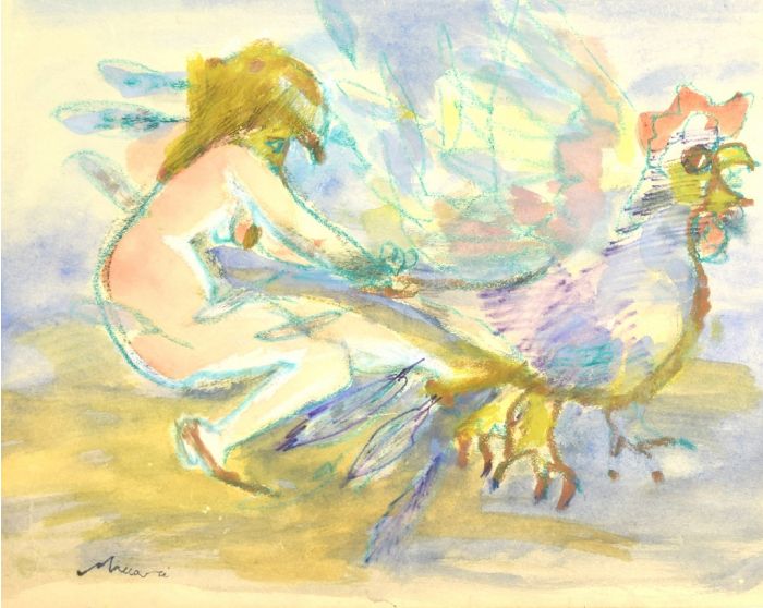 Woman with chicken by Mino Maccari - Contemporary Artwork