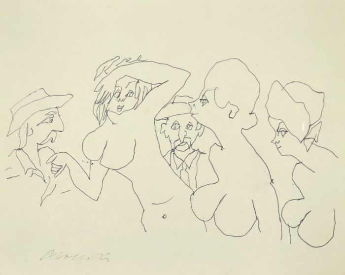 The Models is an original modern artwork realized the 1980s by the Italian artist Mino Maccari (Siena, 1898 - Rome, 1989).