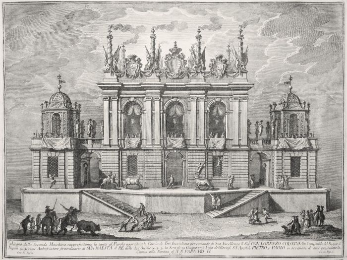 Giuseppe Vasi, Palace with Hunting of Bulls, Etching, 1775.