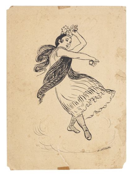 La Spagnola con le nacchere is an original china ink drawing realized by Adolphe Léon Willette, a French illustrator, painter, caricaturist, lithographer, and architect. The state of preservation is very good. 