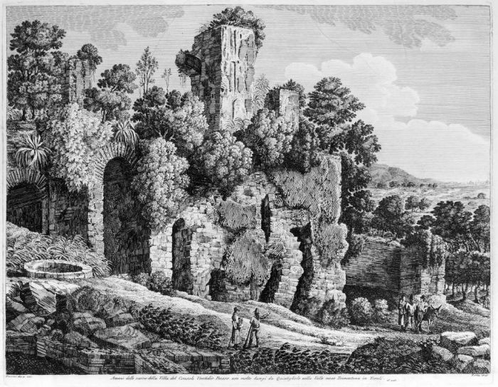 Luigi Rossini, Avanzi delle Rovine della Villa del Console Ventidio Basso. Roma, 1826, Luigi Rossini, Tivoli, Rome, Architecture, Ruins, Landscape, Roman, Villa, Palace, Neoclassicism, Old Masters, Artworks, Etchings, Engraves, Archeology, Monuments, Pira
