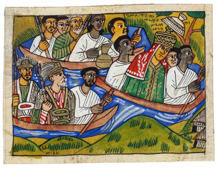 "Procession" is an original drawing in mixed media on ivory-colored cardboard, realized by Anonymous Ethiopan Artist of the XX Century.