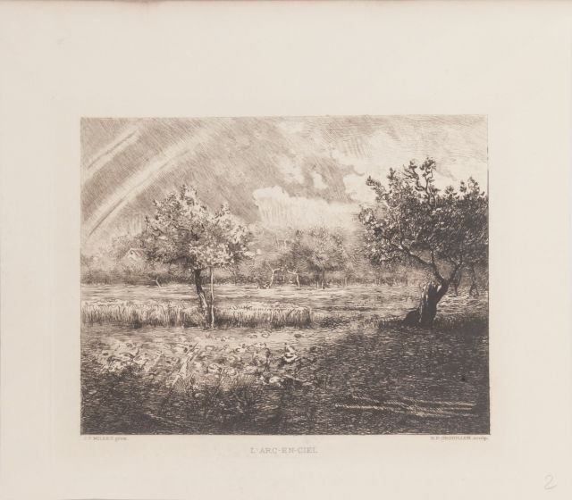 L'Arc en Ciel  is an original print in ething technique on ivory paper, realized byJ.F. Millet (French Painter, 1814-1875) and by R.P. Grouiller, a sculptor.