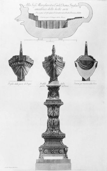 G.B.Piranesi, Section and different views of the same gallery, 1778G.B.Piranesi, Francesco, cavaliere, Vasi e Candelabri, Old Masters, Artworks, Etchings, Engraving, Vases, Gallery, candelabras, Neoclassicism, Roman antiquities, fornitures,