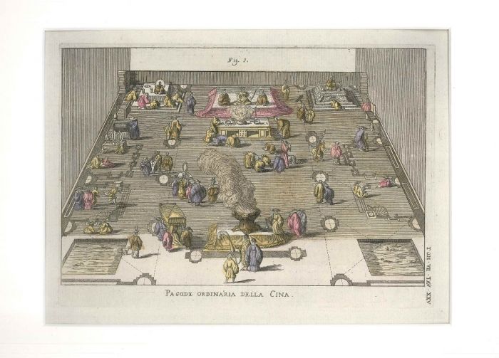 G.Pivati, Chinese ordinary Pagoda, Hand-Watercoloured Etching, 1746-51, Feast, Etching, Wartercolour, Old Masters, Uses, Costumes, Asia, America, Sacred, profane, Dictionnary, Scientific, Curious, Church, dogma, Gianfrancesco, Pivati, Venice, Milocco, Rel